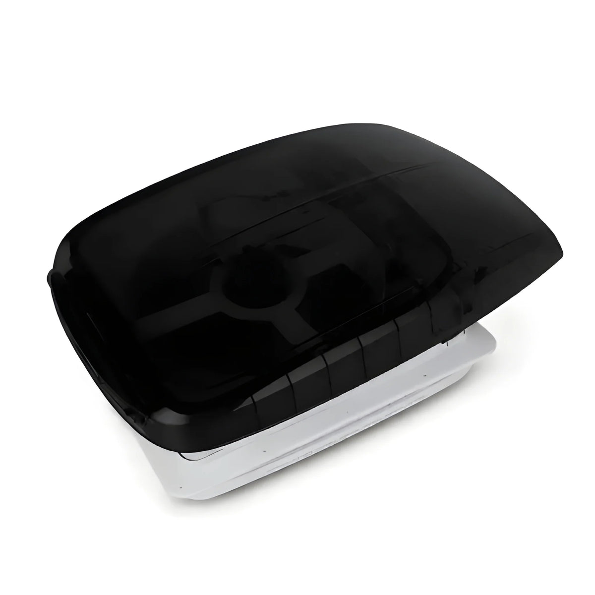 Angled top view of the Cryonex 14 x 14-inch RV and van roof ventilation fan with its black lid closed.