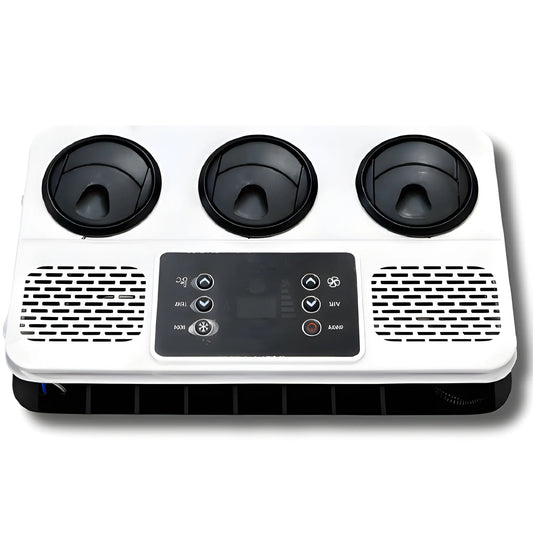 Cryonex X700 12V rooftop air conditioner interior plenum with three adjustable air vents and a central control panel.