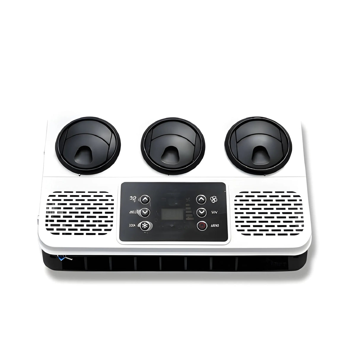 Face-on view of the Cryonex X700 rooftop AC interior panel showing three circular vents, intake grilles and controls.