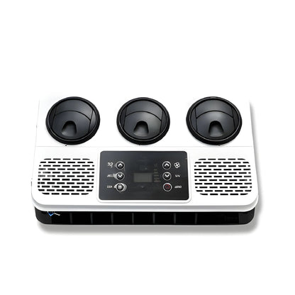 Face-on view of the Cryonex X700 rooftop AC interior panel showing three circular vents, intake grilles and controls.