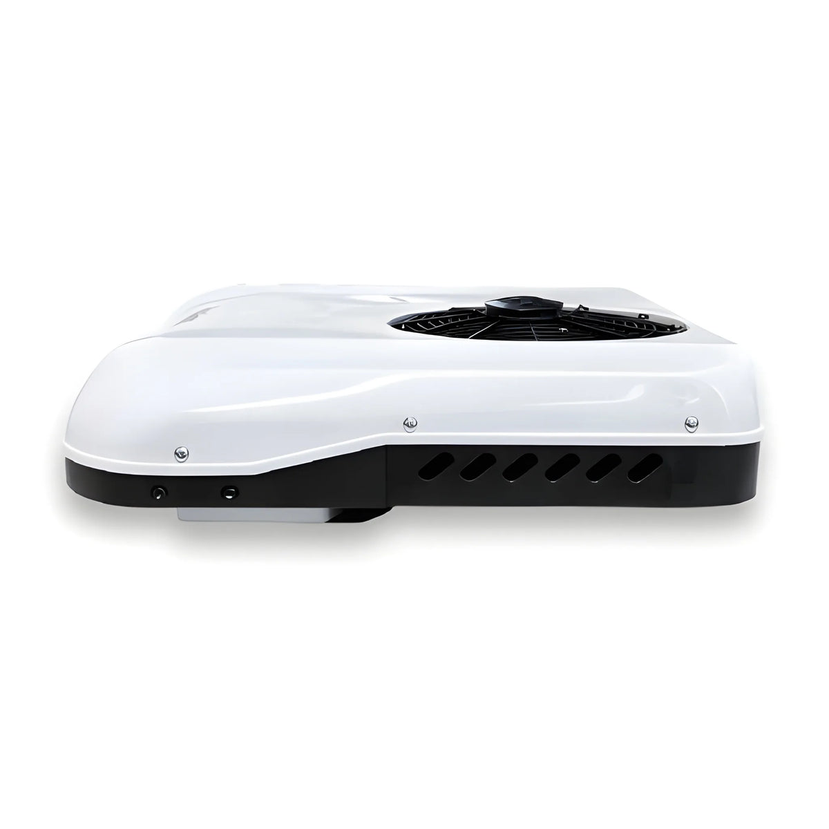Side view of the Cryonex X700 camper van rooftop AC unit showing the white cover and ventilation openings.