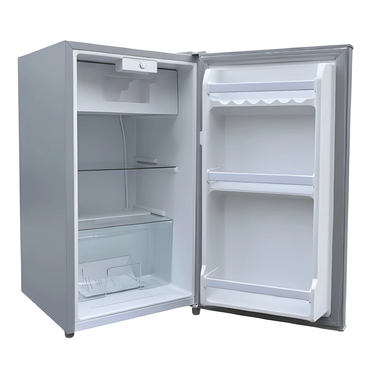 Cryonex BC83A 83L compressor fridge with the door open, showing shelves, freezer compartment, crisper drawer and door bins.