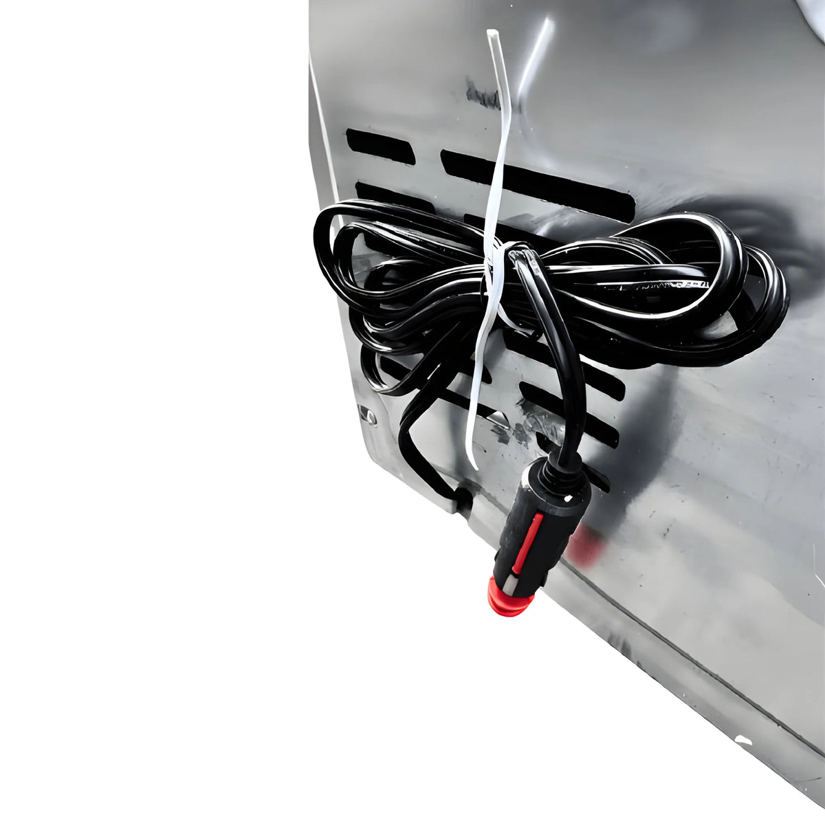 Rear view of the Cryonex BC83A compressor fridge showing ventilation slots and the bundled DC power cable.