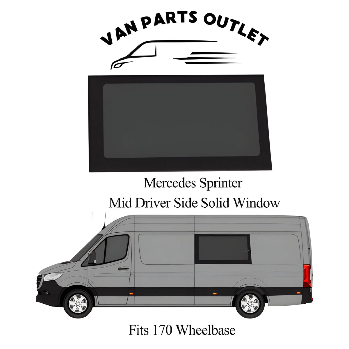 Glacier View Sprinter mid driver-side solid window with a placement illustration for the 170-inch wheelbase.
