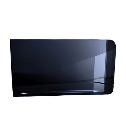 Front view of the Glacier View Sprinter passenger-side solid window showing reflective tinted glass and rounded outer corners.