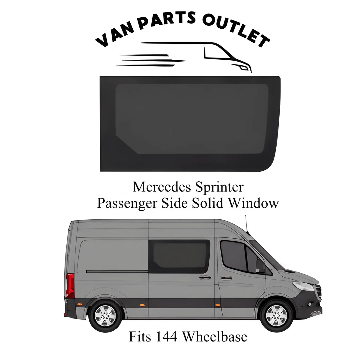 Glacier View Sprinter passenger-side solid window placement diagram showing the sliding-door position on a 144-inch wheelbase van.