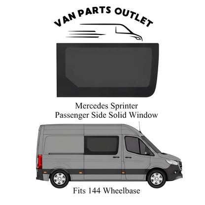 Glacier View Sprinter passenger-side solid window placement diagram showing the sliding-door position on a 144-inch wheelbase van.