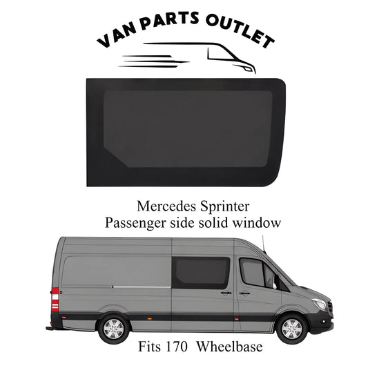 Glacier View Sprinter passenger-side solid window placement diagram showing the sliding-door position on a 170-inch wheelbase van.