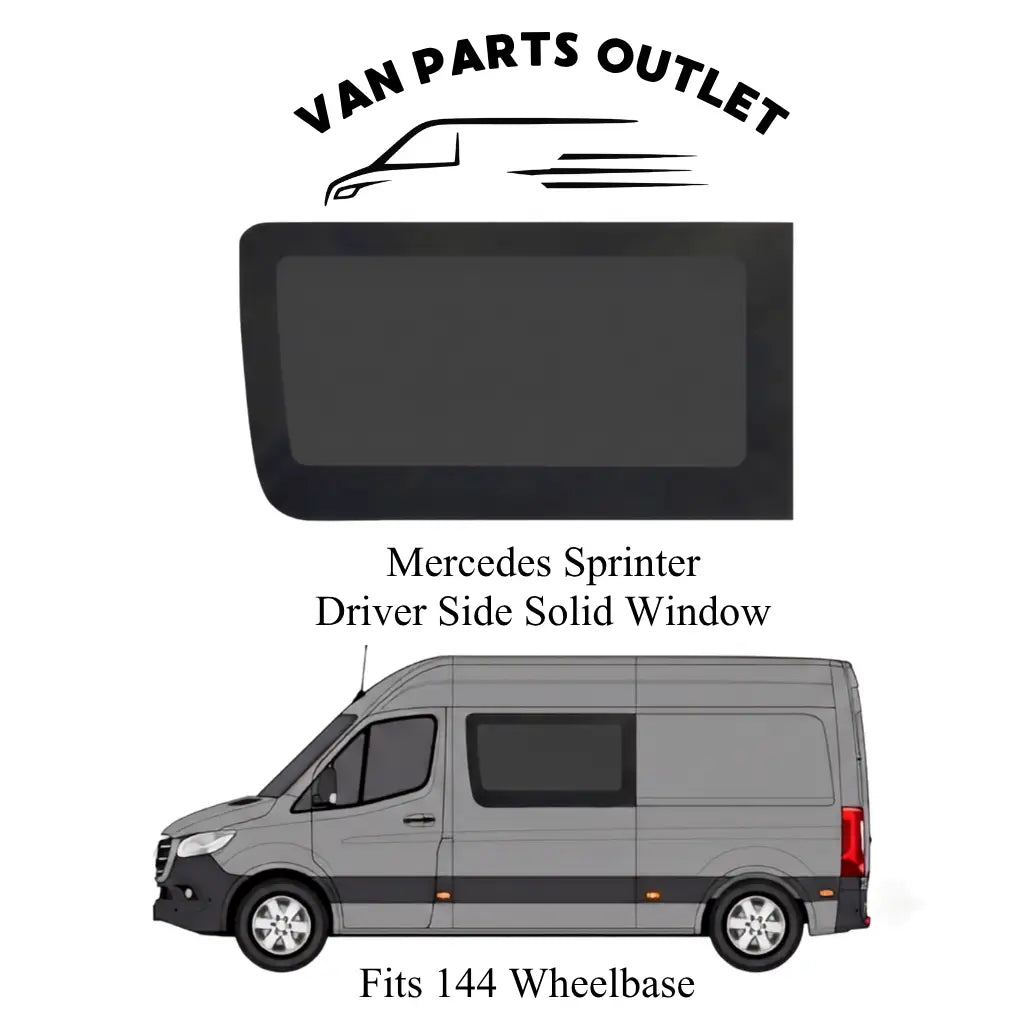 Glacier View Sprinter driver-side solid window with a placement illustration labeled for the 144-inch wheelbase.
