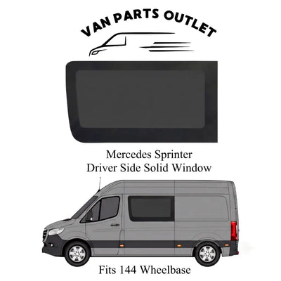 Glacier View Sprinter driver-side solid window with a placement illustration labeled for the 144-inch wheelbase.
