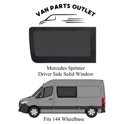 Glacier View Sprinter driver-side solid window with a placement illustration labeled for the 144-inch wheelbase.