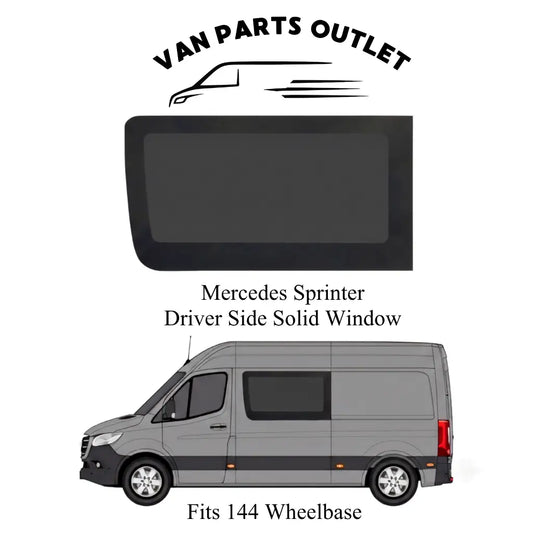 Glacier View Sprinter driver-side solid window with a placement illustration labeled for the 144-inch wheelbase.