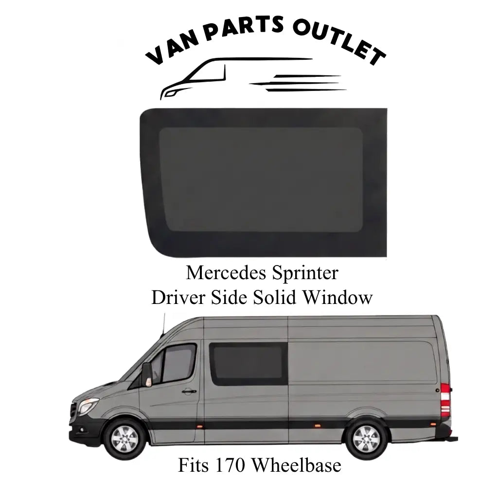 Glacier View Sprinter driver-side solid window with a placement illustration labeled for the 170-inch wheelbase.