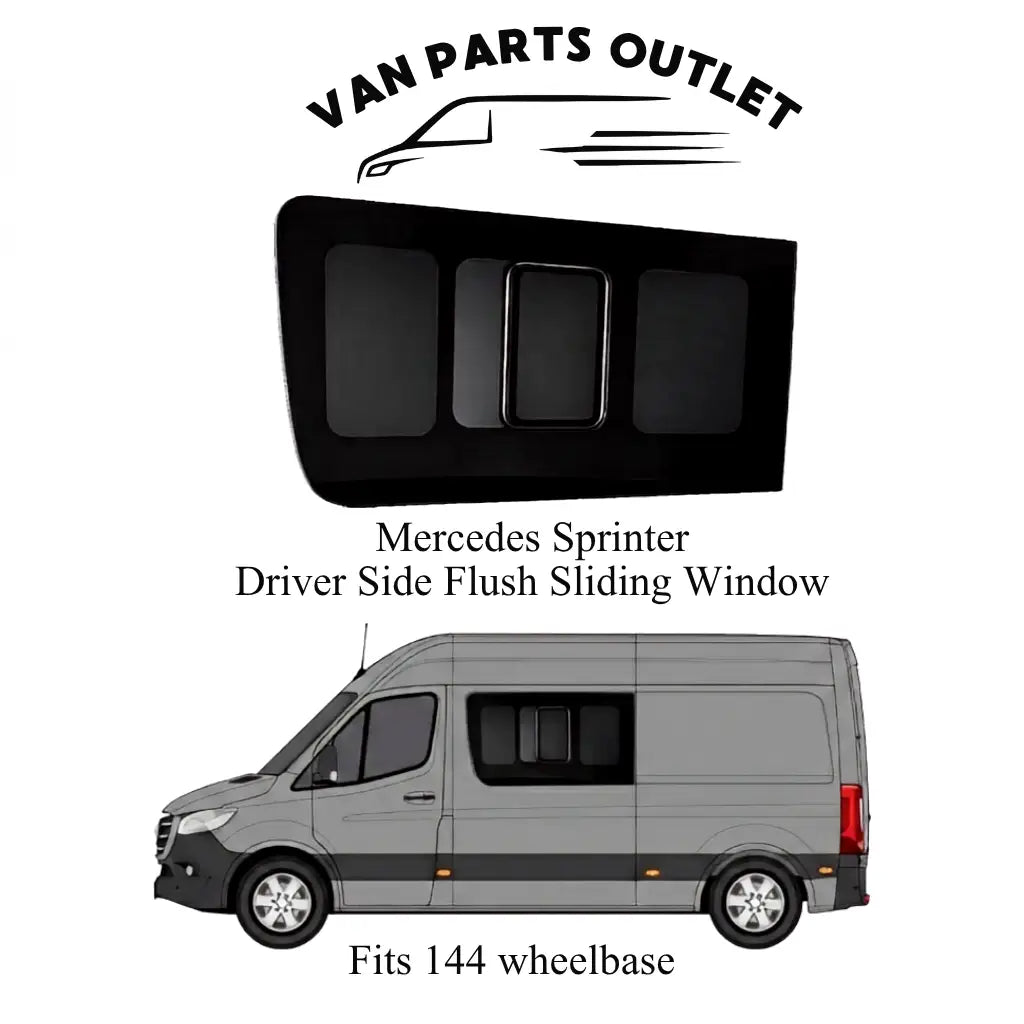 Glacier View Sprinter driver-side front flush sliding window with a placement illustration labeled for the 144-inch wheelbase.