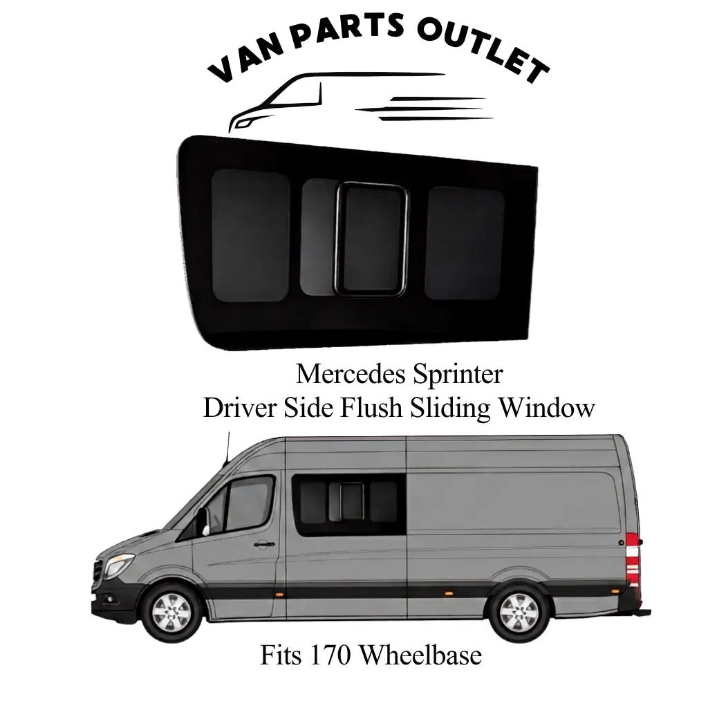 Glacier View Sprinter driver-side front flush sliding window with a placement illustration labeled for the 170-inch wheelbase.