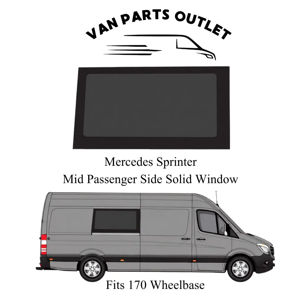Glacier View Sprinter mid passenger-side solid window with a placement illustration for the 170-inch wheelbase.