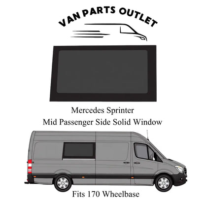 Glacier View Sprinter mid passenger-side solid window with a placement illustration for the 170-inch wheelbase.