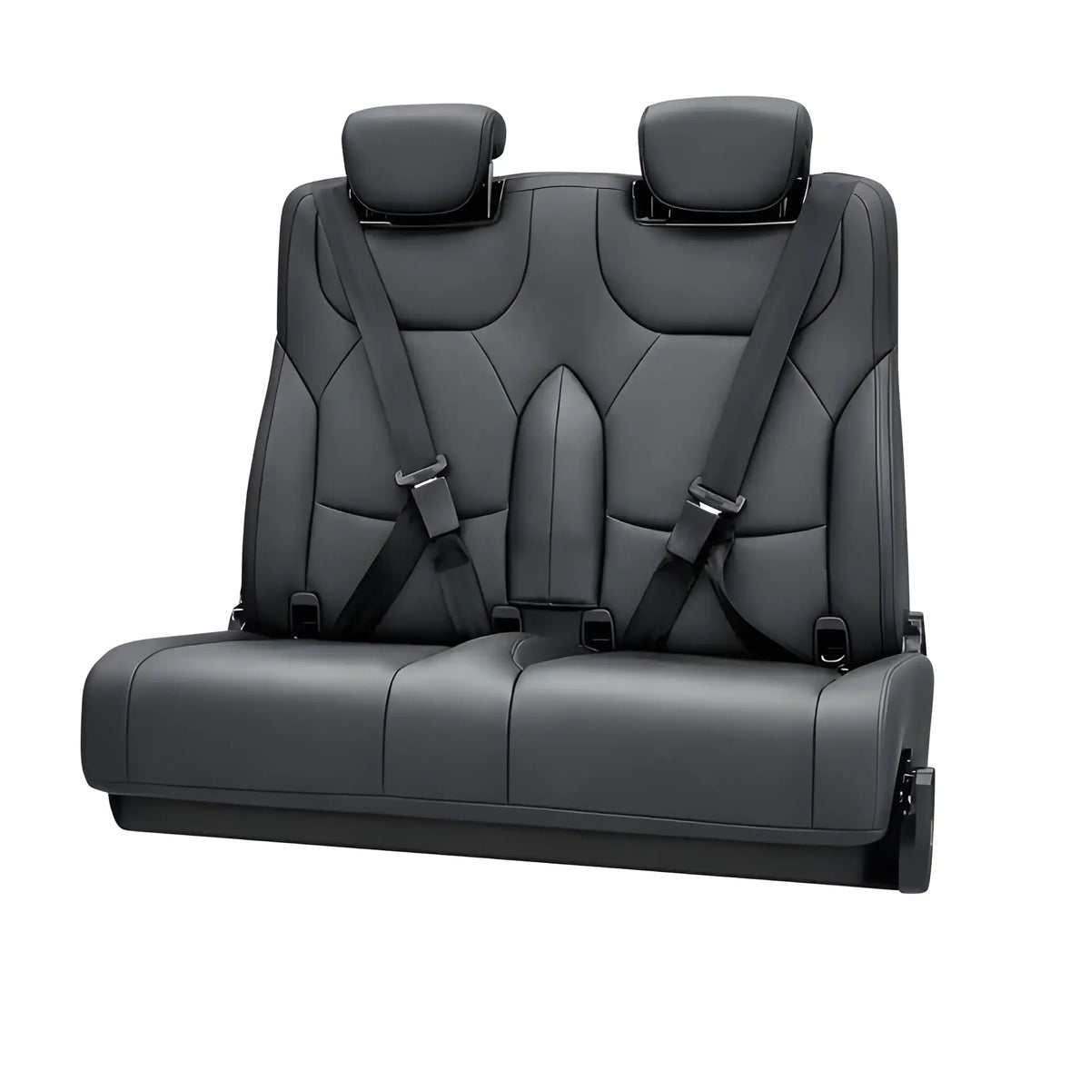 Front view of the NovaLux Duo RS 35-inch swivel seat-to-bed with black upholstery, two headrests and integrated seat belts.