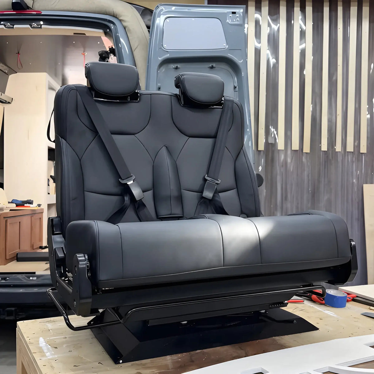 Front view of the NovaLux Duo RS double swivel seat on a workshop bench with seat belts, headrests and lower adjustment bar.
