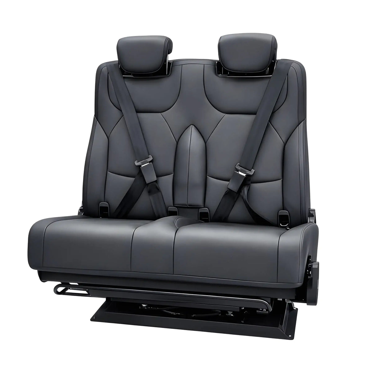 Front view of the NovaLux Duo RS double seat mounted on its swivel base, with the lower adjustment bar visible.