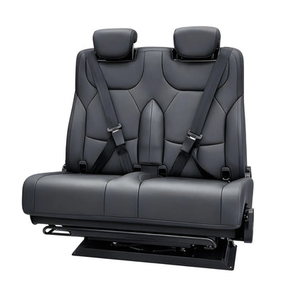 Front view of the NovaLux Duo RS double seat mounted on its swivel base, with the lower adjustment bar visible.