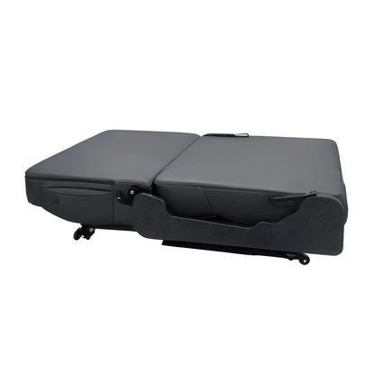 NovaLux Duo RS swivel seat-to-bed folded flat, showing the black sleeping surface and side folding hardware.