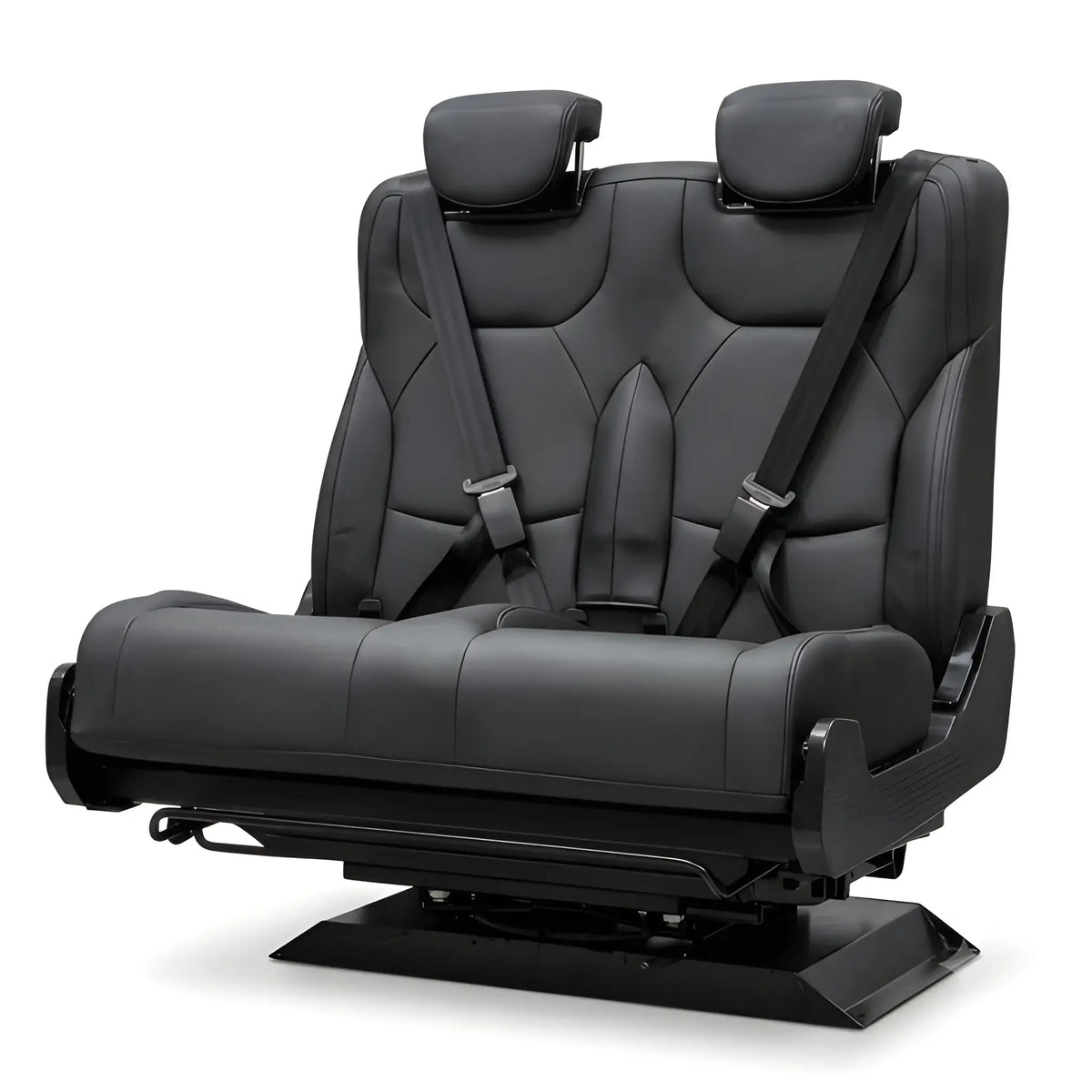 Angled front view of the NovaLux Duo RS double van seat with two headrests, integrated belts and mounting base.