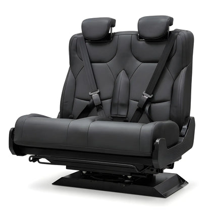 Angled front view of the NovaLux Duo RS double van seat with two headrests, integrated belts and mounting base.