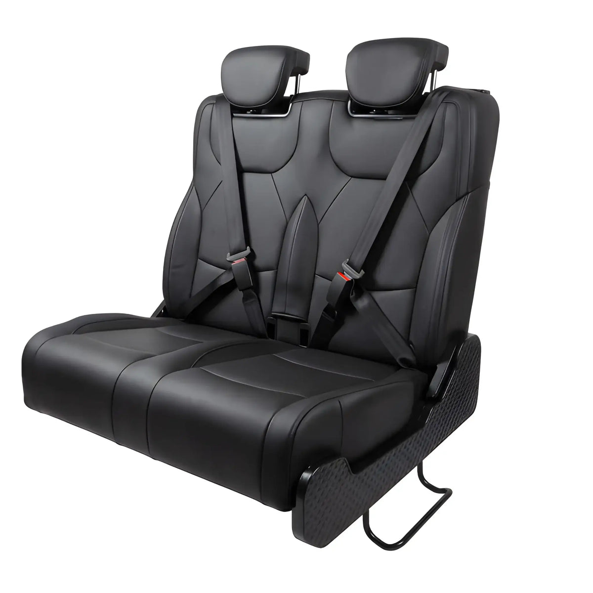 Angled view of the NovaLux Duo RS convertible double seat showing sculpted cushions, headrests and patterned side trim.