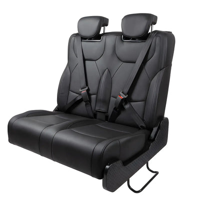 Angled view of the NovaLux Duo RS convertible double seat showing sculpted cushions, headrests and patterned side trim.