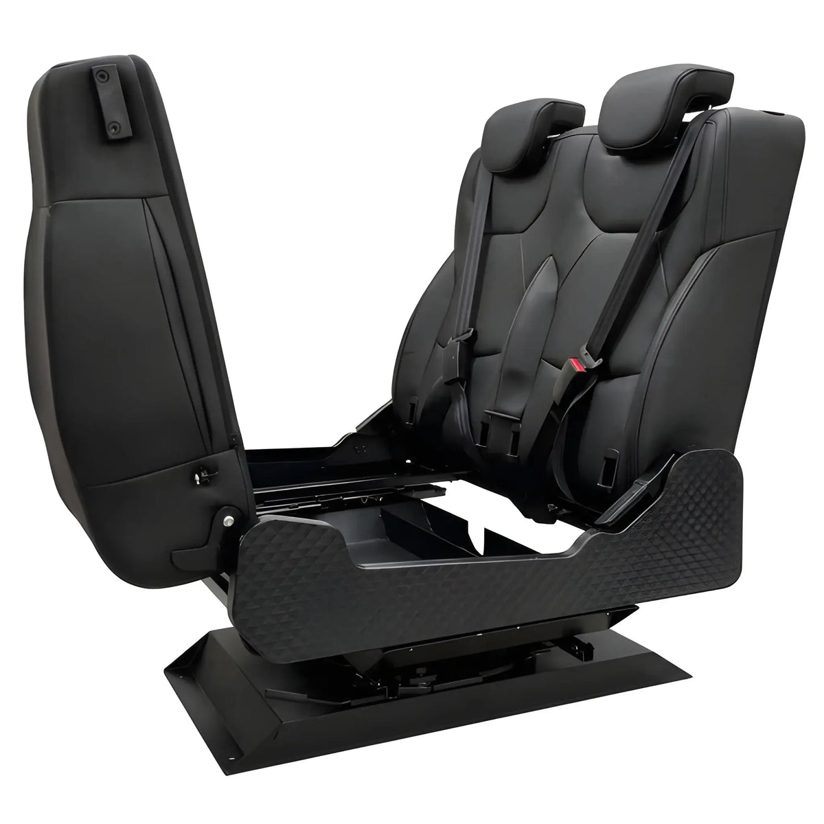 NovaLux Duo RS double seat with the seat cushion lifted, exposing the frame beneath the cushion above the swivel base.