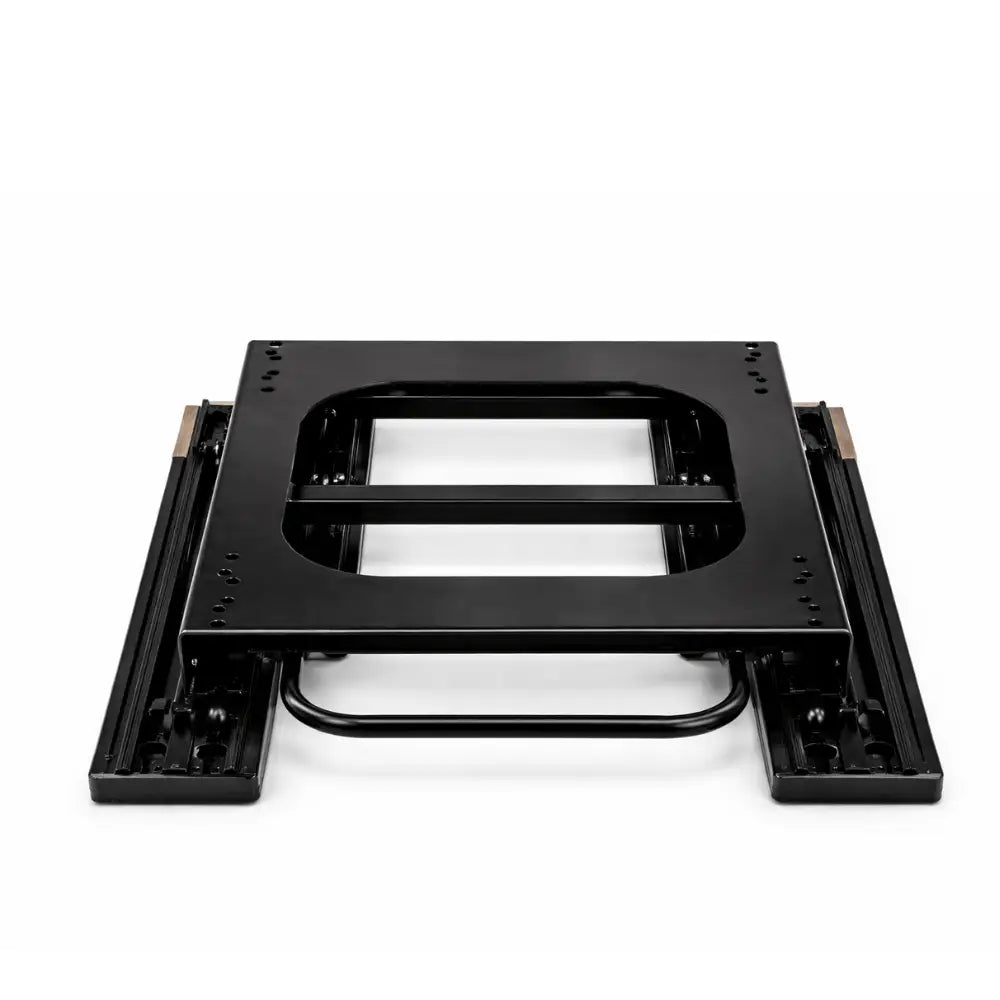 Front view of the black swivel and sliding mounting base shown for the NovaLux Solo GT captain seat, with rails and adjustment bar.