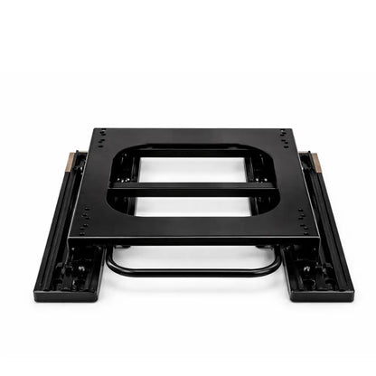 Front view of the black swivel and sliding mounting base shown for the NovaLux Solo GT captain seat, with rails and adjustment bar.