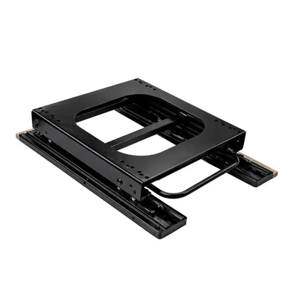 Angled view of the NovaLux Solo GT captain seat swivel and sliding base showing the mounting plate, rails and adjustment bar.