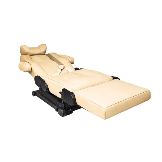 NovaLux Solo GT captain seat fully reclined with the leg rest extended, showing beige cushions and integrated seat belt.