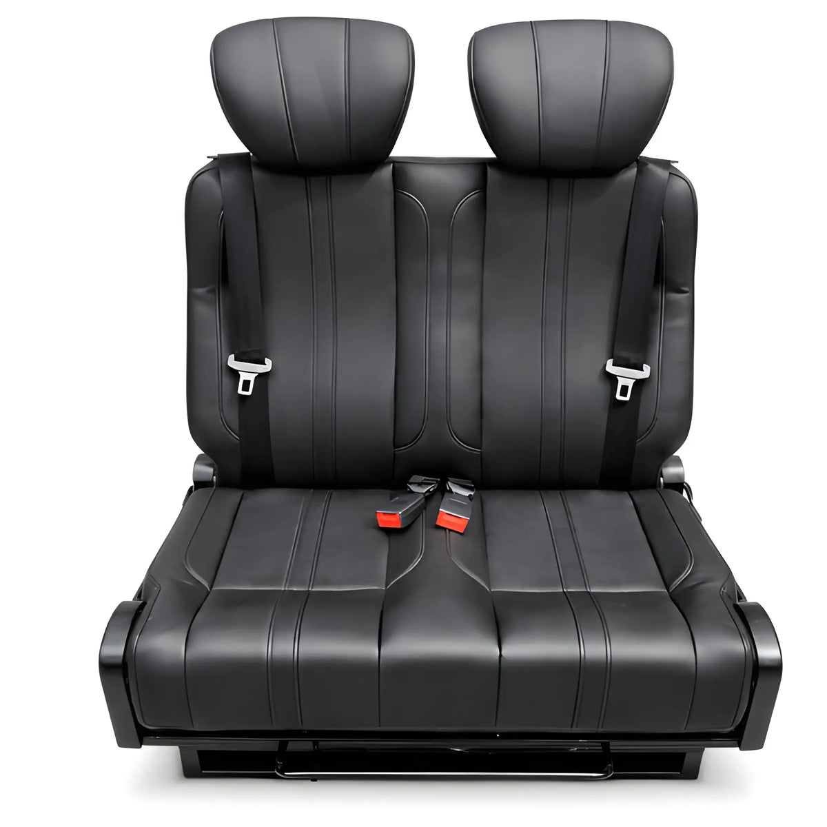 Front view of the NovaLux Classic double swivel van seat with black upholstery, two headrests, integrated seat belts and base.