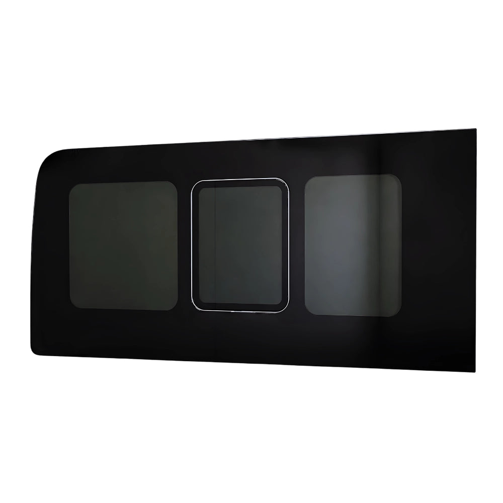 Detail of Glacier View rear passenger flush sliding vent and privacy glass for Sprinter conversions