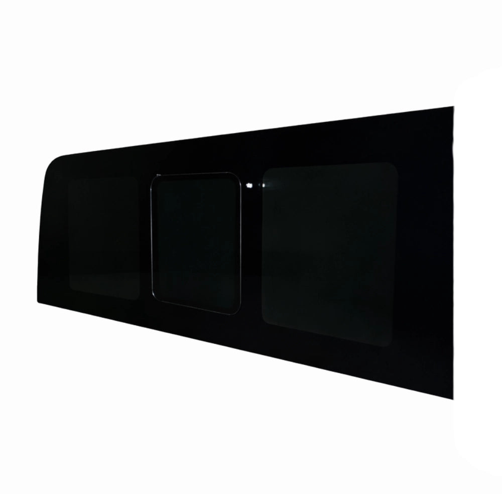 Glacier View rear passenger flush window installed in finished Sprinter camper van interior