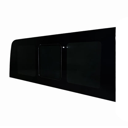 Glacier View rear passenger flush window installed in finished Sprinter camper van interior