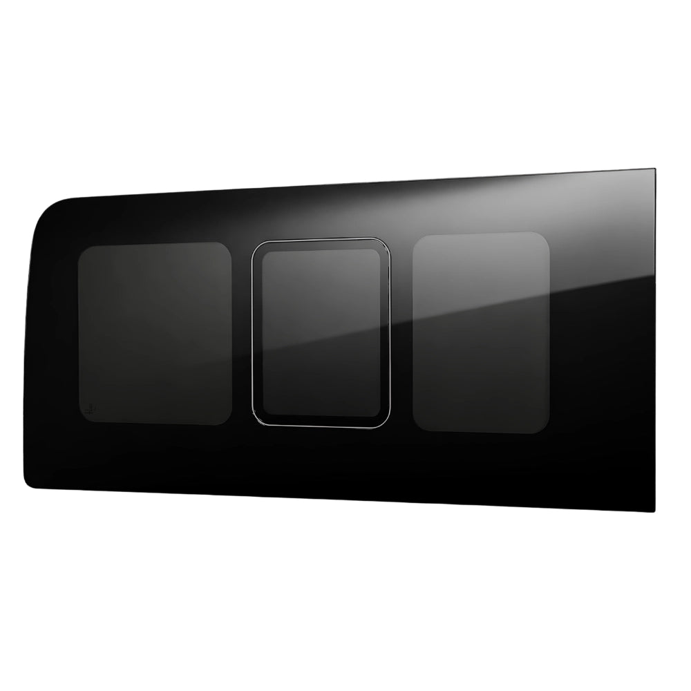 Side view of Glacier View Sprinter rear passenger flush window with factory-style flush body fitment