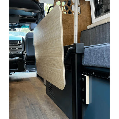 VanTrix rotating table mount in extended position for versatile camper van layout configurations