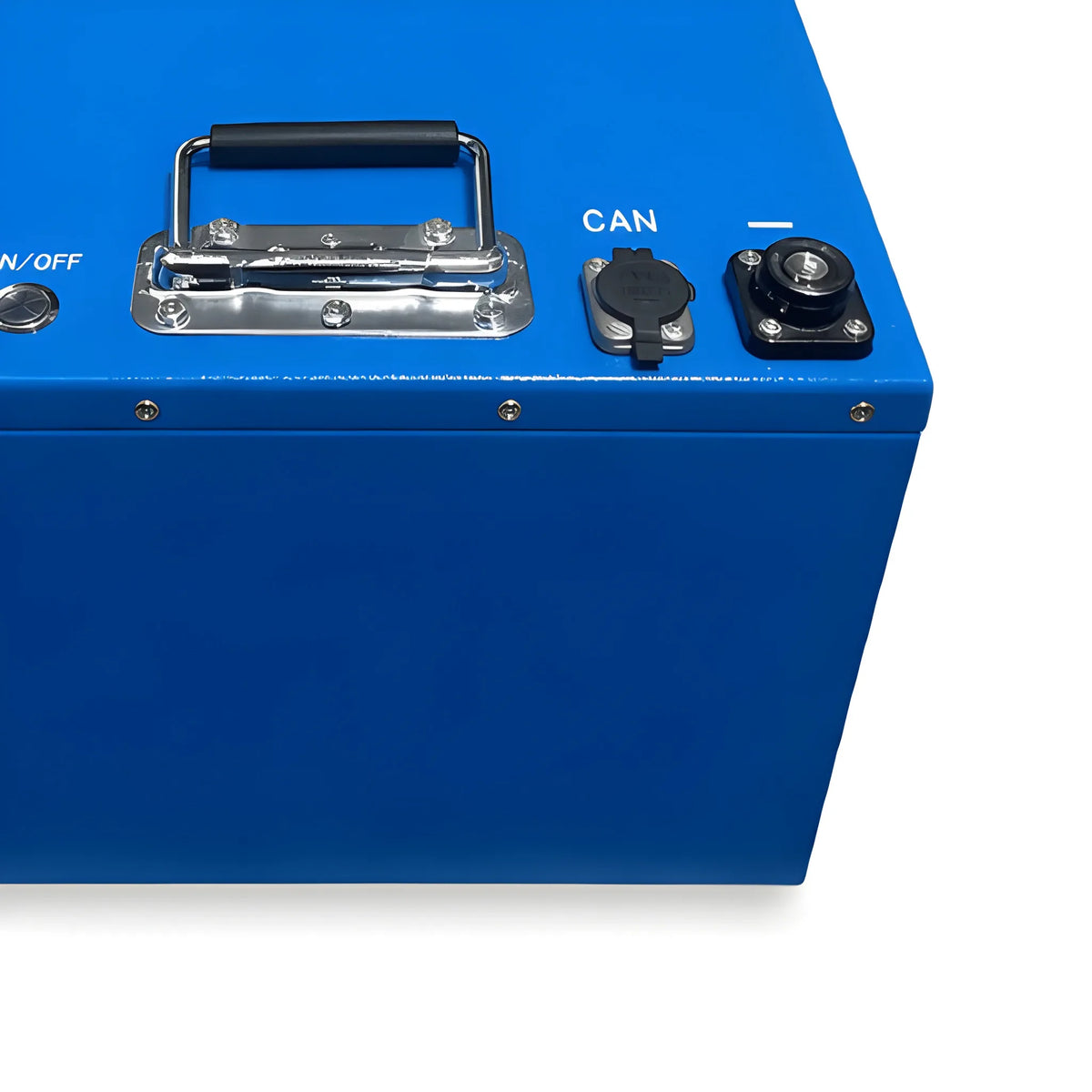 Close-up of the VanTrix 600Ah LiFePO4 battery carrying handle, covered CAN port and negative terminal on the blue case.