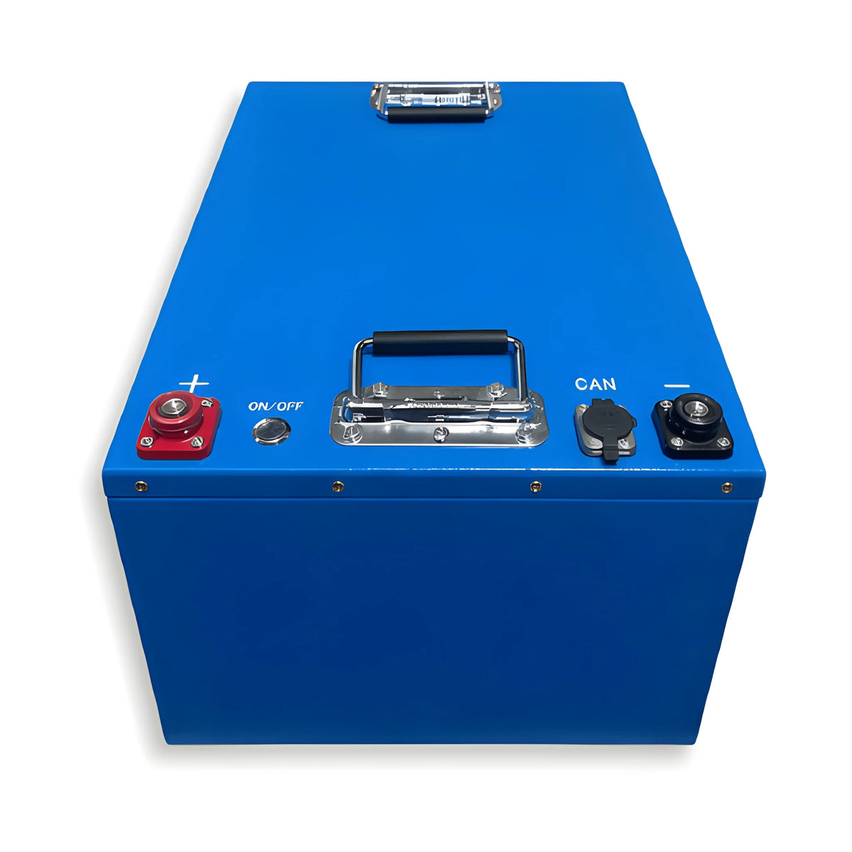 Top-front view of the VanTrix 12V 600Ah LiFePO4 battery showing positive and negative terminals, on-off button and CAN port.