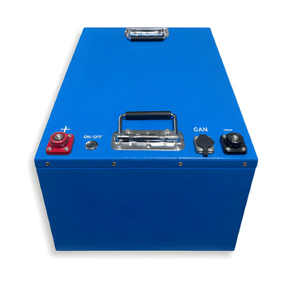 Top-front view of the VanTrix 12V 600Ah LiFePO4 battery showing positive and negative terminals, on-off button and CAN port.