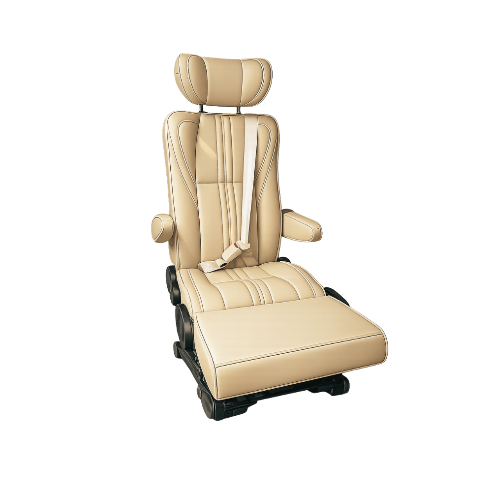 Detail of NovaLux Solo GT swivel base hardware and seat-mounted slide rail for van conversion