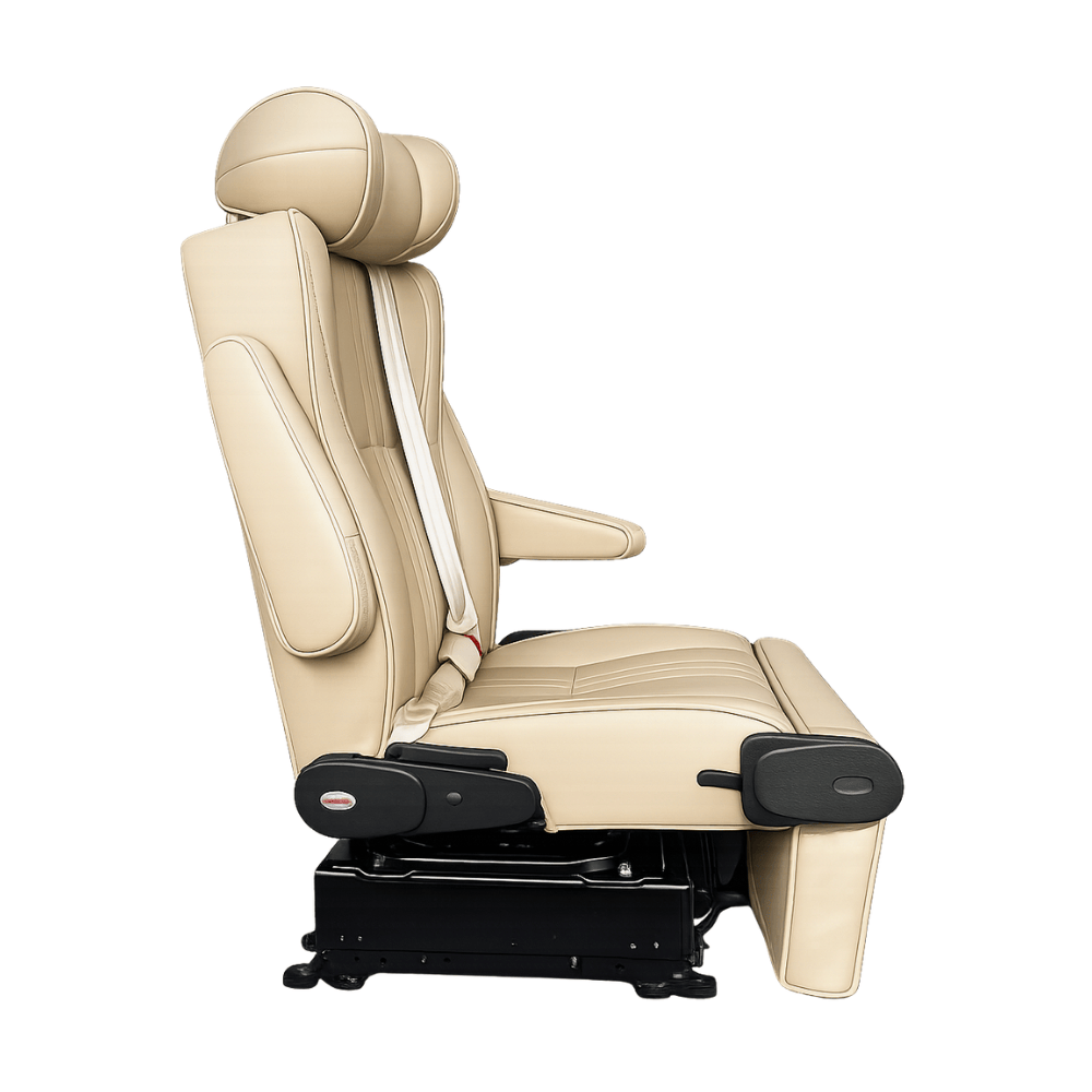 Side view of NovaLux Solo GT showing slide-and-recline mechanism for Sprinter, Transit, and ProMaster