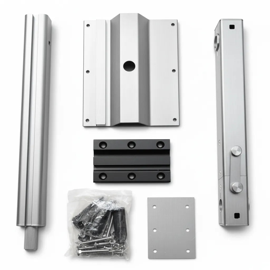 Detail of VanTrix swivel table base plate and steel pivot hardware for floor or wall mounting