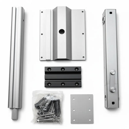 Detail of VanTrix swivel table base plate and steel pivot hardware for floor or wall mounting